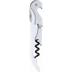 A corkscrew with a chrome finish and white handle, featuring a screw mechanism for opening bottles.