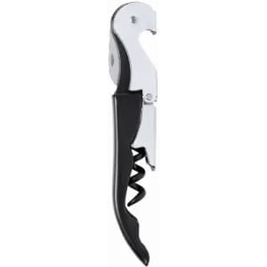 A corkscrew with a chrome finish and a black handle, designed for opening wine bottles.