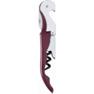 A corkscrew with a metal top and a burgundy plastic handle, featuring a spiral cork remover.