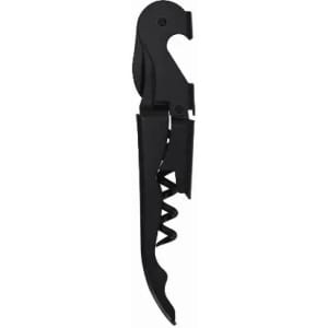 A black corkscrew opener with a lever and spiral corkscrew design. It features a built-in bottle opener.