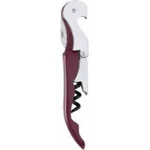A corkscrew with a burgundy handle and chrome accents, featuring a spiral cork remover and bottle opener.