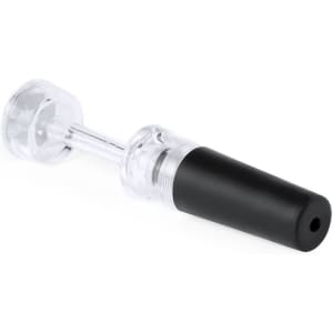 A clear and black drink bottle with a sleek design and a removable nozzle cap.