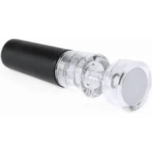 A drink bottle with a black body and a clear, cylindrical lid featuring a round end. It has a logo on the side.