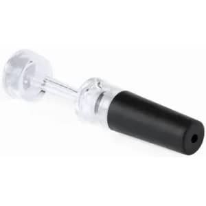A clear and black drink bottle with a distinctive spout and valve mechanism, featuring a branded logo.