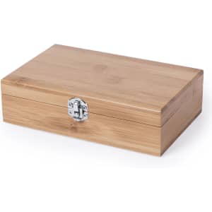 A bamboo storage box with a metallic clasp, featuring a smooth, natural finish.