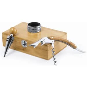 A wooden gift box containing a corkscrew with a wooden handle and a wine pourer.