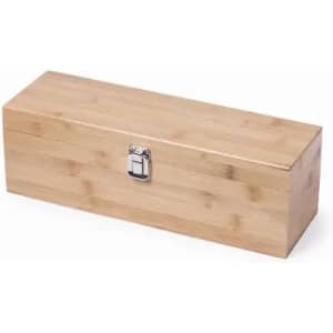 A wooden storage box made of bamboo, featuring a metallic clasp for secure closure.