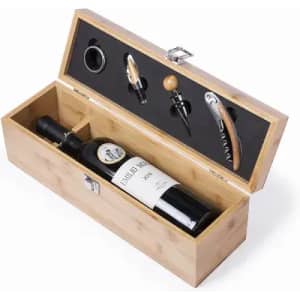 A bamboo gift box containing a bottle of wine and wine accessories, including a corkscrew, pourer, and bottle stopper.