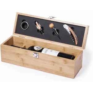 A wine gift set featuring a bottle of red wine and vineyard-themed accessories in a bamboo box.