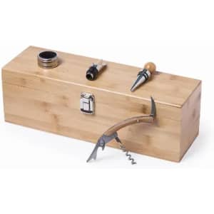 A wooden gift box containing a corkscrew, wine stopper, and other accessories. Made from bamboo, featuring a latch.