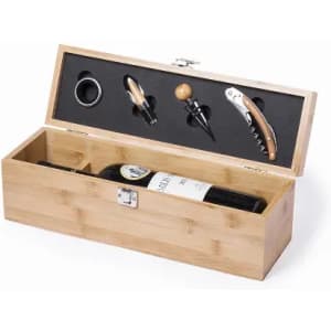 A wooden wine box featuring a bottle of wine and accessories: a corkscrew, pourer, and bottle stopper.