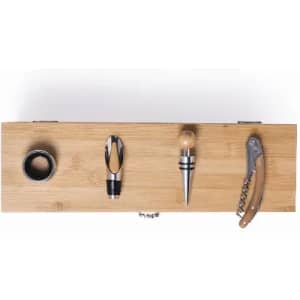 A bamboo wine accessory set featuring a corkscrew, stopper, pourer, and collar, each with a sleek design.