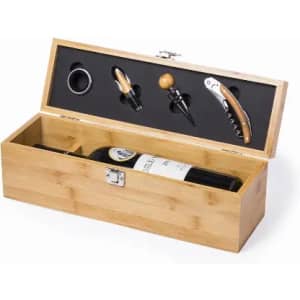 A bamboo wine gift box containing a bottle of wine and three accessory items. The box is open, showcasing its contents.