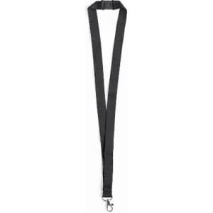 A black lanyard with a metal clip at the end for attaching items. The material appears durable and flexible.