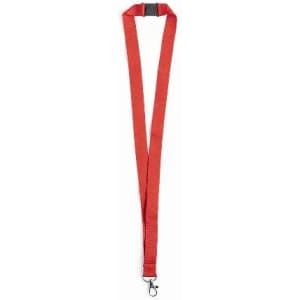 A red lanyard with a clip for attaching items, featuring a sturdy fabric design.