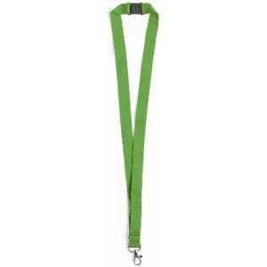 A green lanyard with a clip at the end and an adjustable buckle. It has a simple, straightforward design.