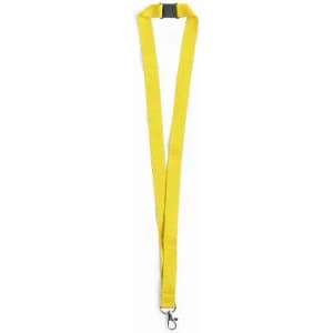 A yellow lanyard with a clip at the end, featuring a simple, flat design and a secure fastening.