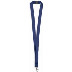 A navy blue lanyard featuring a clasp for attaching items, with a simple and functional design.