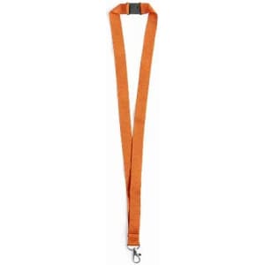 An orange lanyard with a clip and adjustable buckle, featuring a simple design.