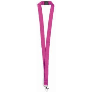 A pink lanyard with a clip on the end, featuring a durable design and a central connector.