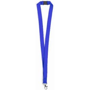 A blue lanyard with a clip at the end and an adjustable buckle. It features a simple design without any text.