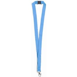 A blue lanyard with a clip at the end, designed for attaching items like ID cards or keys.