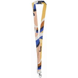 A lanyard in various colours featuring a modern abstract pattern and a clip for attachment.