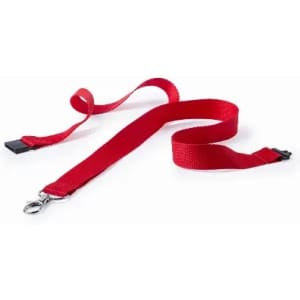 A red lanyard with a metal clip and two adjustable clips at each end. It features sturdy fabric for durability.