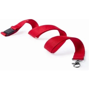 A red strap featuring a clip on one end and a buckle for adjustment, designed for securing items.