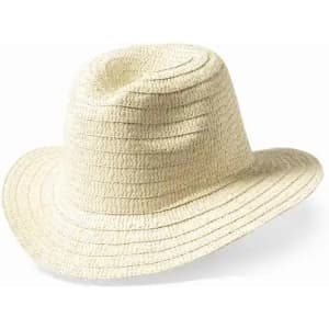 A straw hat in a light cream colour with a wide brim and a textured design.
