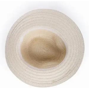 A wide-brimmed straw hat in a light beige colour with a textured weave.