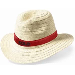 A straw hat in natural colour with a wide red band. It features a textured design and has a logo on the band.