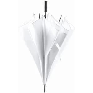 A white umbrella with an automatic opening mechanism and a black handle, featuring a sleek design and branding.
