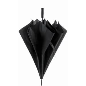 A black umbrella displayed upside down, revealing its inner structure with a sleek design and a handle at the top.