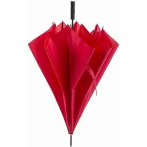 A red umbrella with a unique design, featuring a pointed top and a central handle. It includes a logo.