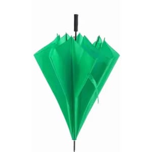 A green umbrella with a black handle, displayed open to highlight its design and features.