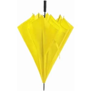 A yellow umbrella with a black handle, featuring a compact design with multiple panels.