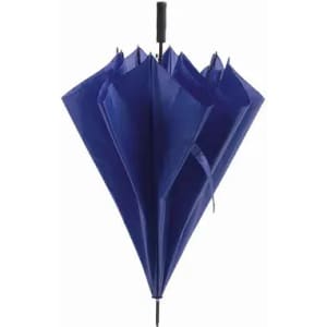 A blue umbrella with an open canopy and a black handle, featuring a logo.