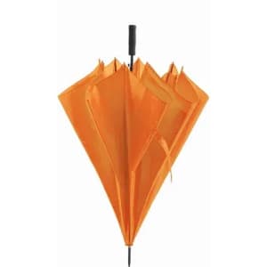 An orange umbrella with a curved handle, showcasing its open canopy and structure. It has a logo on the handle.