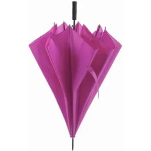 A pink umbrella with multiple panels displayed upright, featuring a black handle and structure.
