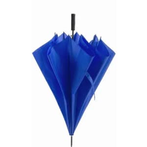 A blue umbrella with a black handle, displaying an open canopy with several folds. It features a logo on the handle.