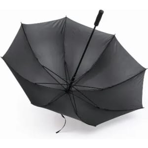 A black umbrella with a central handle and eight ribs, featuring a sleek, minimalist design.
