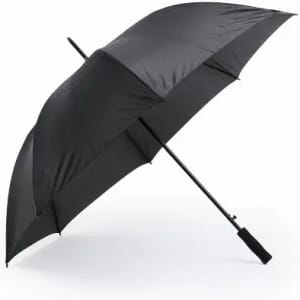 A black umbrella with a curved handle and a sturdy frame, featuring a smooth fabric canopy.