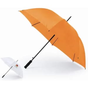 A large orange umbrella with a black handle alongside a smaller white umbrella featuring a logo.