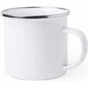 A white mug with a silver rim and a sturdy handle. It has a smooth surface and simple design.