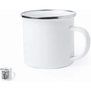 A white enamel mug with a silver rim and a sturdy handle, featuring a small image of the mug in the corner.