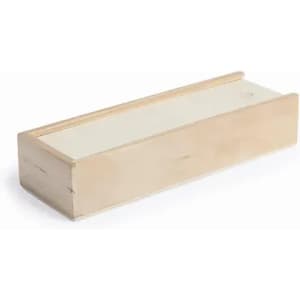 A wooden storage box with a simple rectangular design and a plain top surface. It is light in colour.