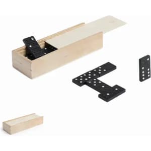 A wooden box containing black domino pieces of various shapes. Some pieces are outside the box.