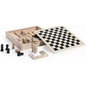 A wooden game set featuring a chessboard, various game pieces, and a storage box. The board has black and white squares.