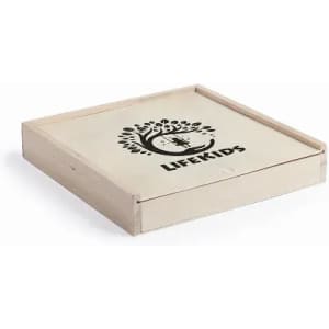 A wooden box with a lid featuring a tree design and the branding "Lifekids". The box is light in colour.